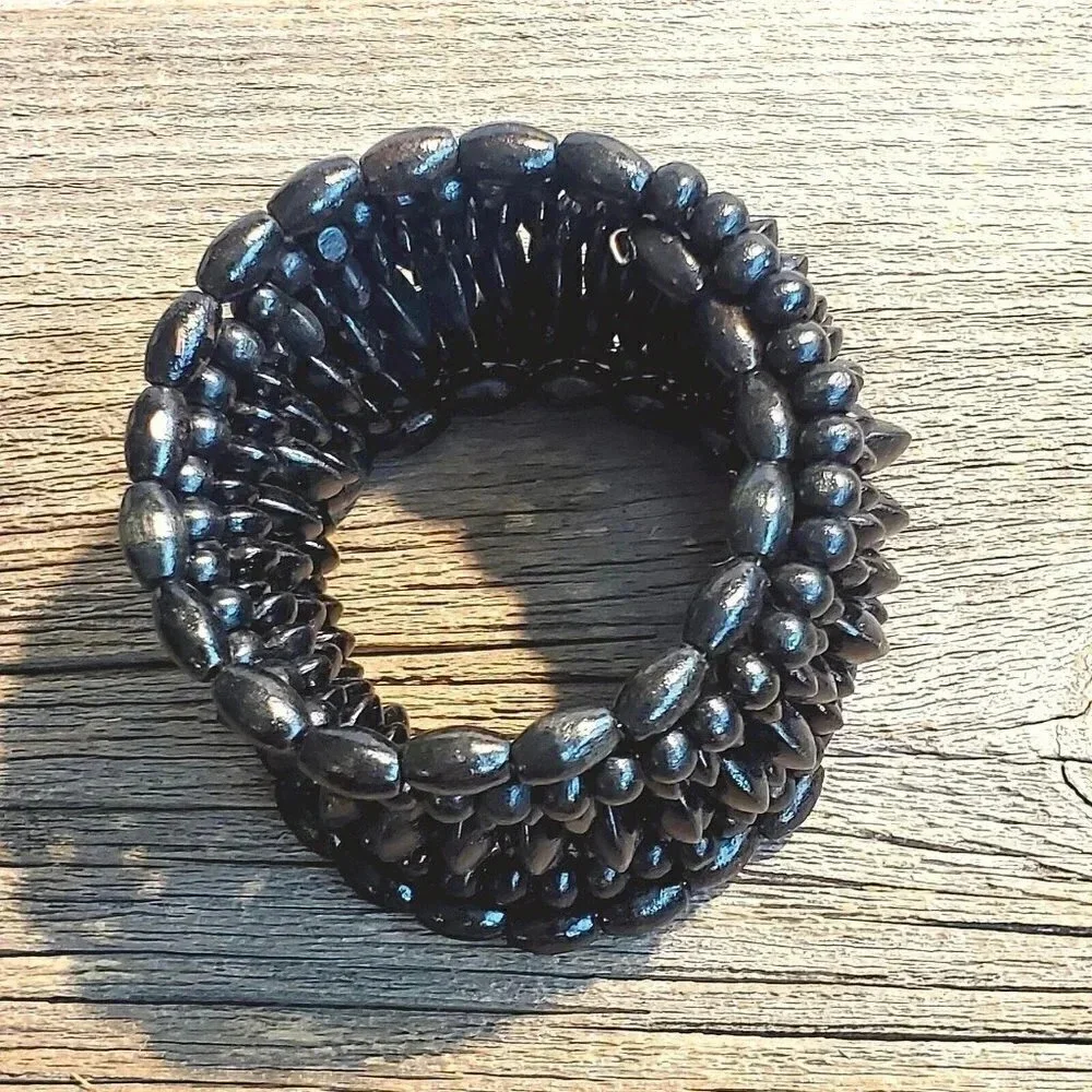 Vintage 90s Bali Sustainable Black Wood Beads Memory Wire Wrap Bracelet